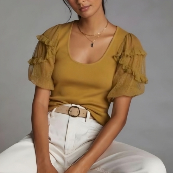 Anthro Maeve Chartreuse Mesh Puff Sleeve Top, M - Picture 9 of 9